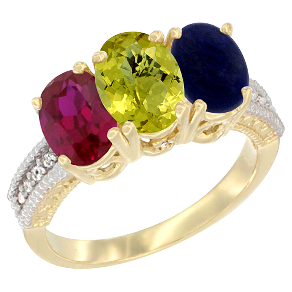 10K Yellow Gold Diamond Enhanced Ruby, Natural Lemon Quartz & Lapis Ring 3-Stone 7x5 mm Oval, sizes 5 - 10