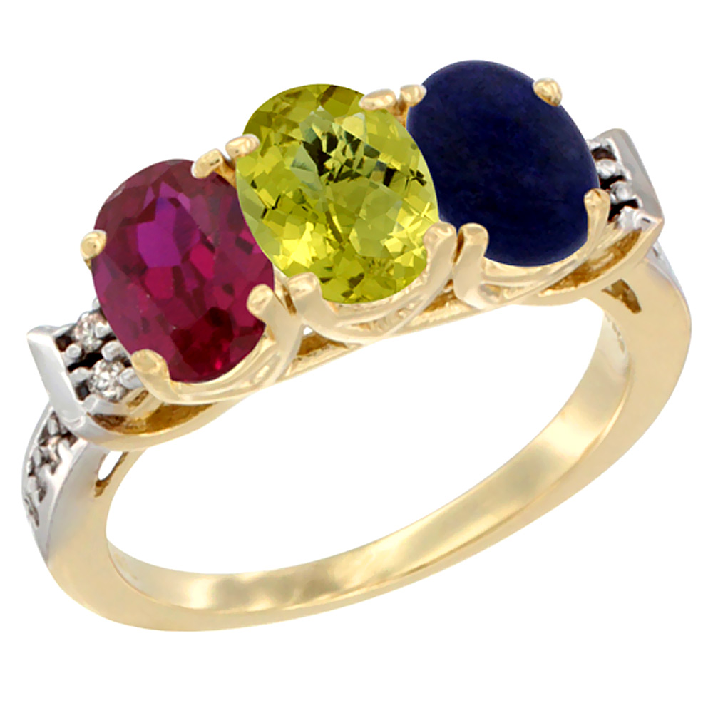 14K Yellow Gold Enhanced Ruby, Natural Lemon Quartz & Lapis Ring 3-Stone Oval 7x5 mm Diamond Accent, sizes 5 - 10
