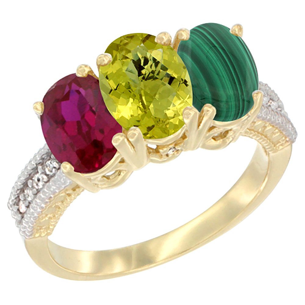 14K Yellow Gold Enhanced Ruby, Natural Lemon Quartz & Malachite Ring 3-Stone 7x5 mm Oval Diamond Accent, sizes 5 - 10