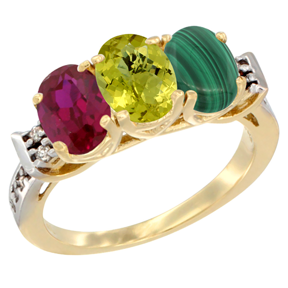 14K Yellow Gold Enhanced Ruby, Natural Lemon Quartz & Malachite Ring 3-Stone Oval 7x5 mm Diamond Accent, sizes 5 - 10