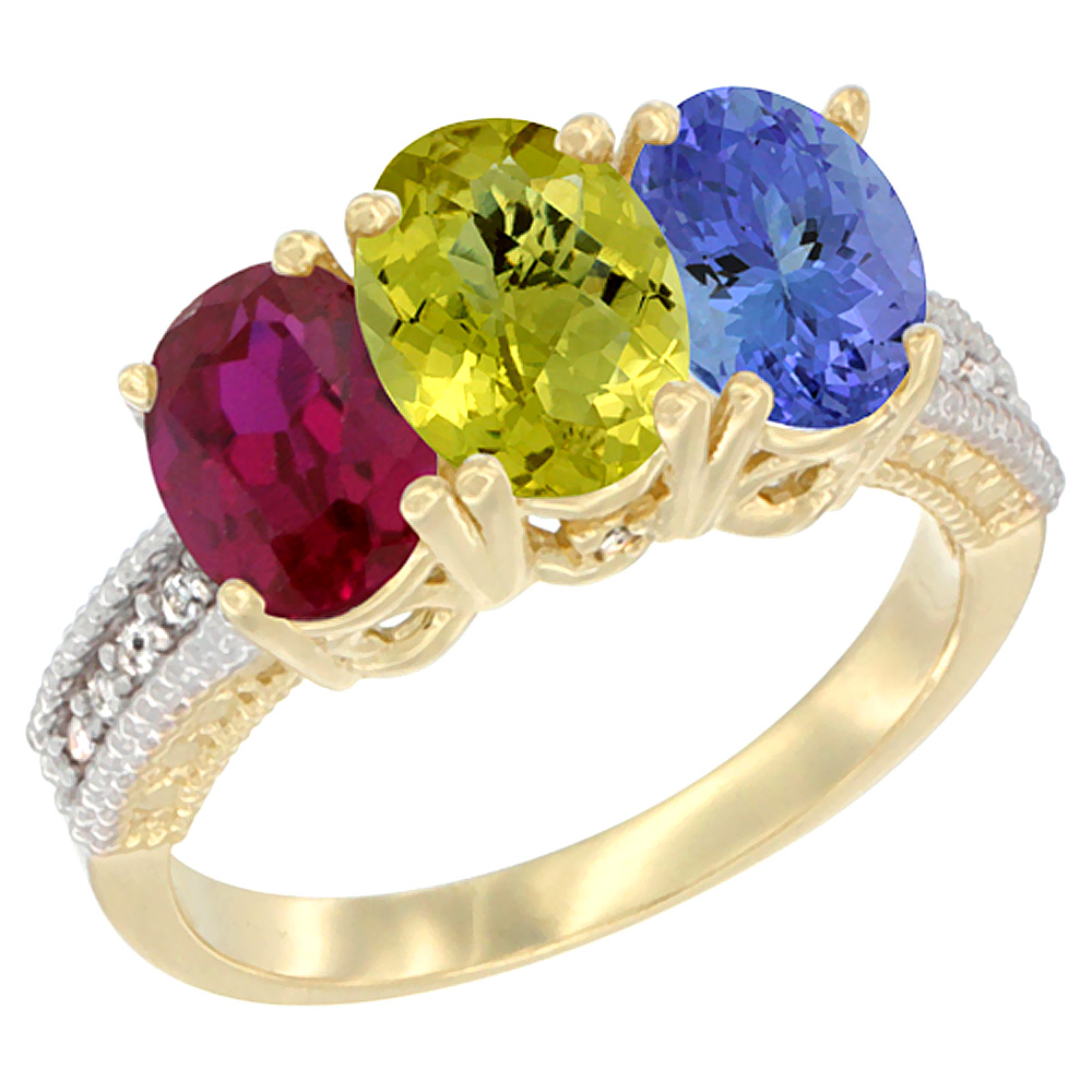 14K Yellow Gold Enhanced Ruby, Natural Lemon Quartz & Tanzanite Ring 3-Stone 7x5 mm Oval Diamond Accent, sizes 5 - 10