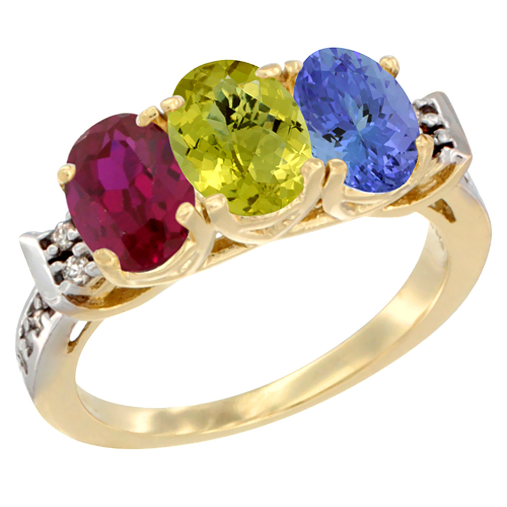 10K Yellow Gold Enhanced Ruby, Natural Lemon Quartz & Tanzanite Ring 3-Stone Oval 7x5 mm Diamond Accent, sizes 5 - 10