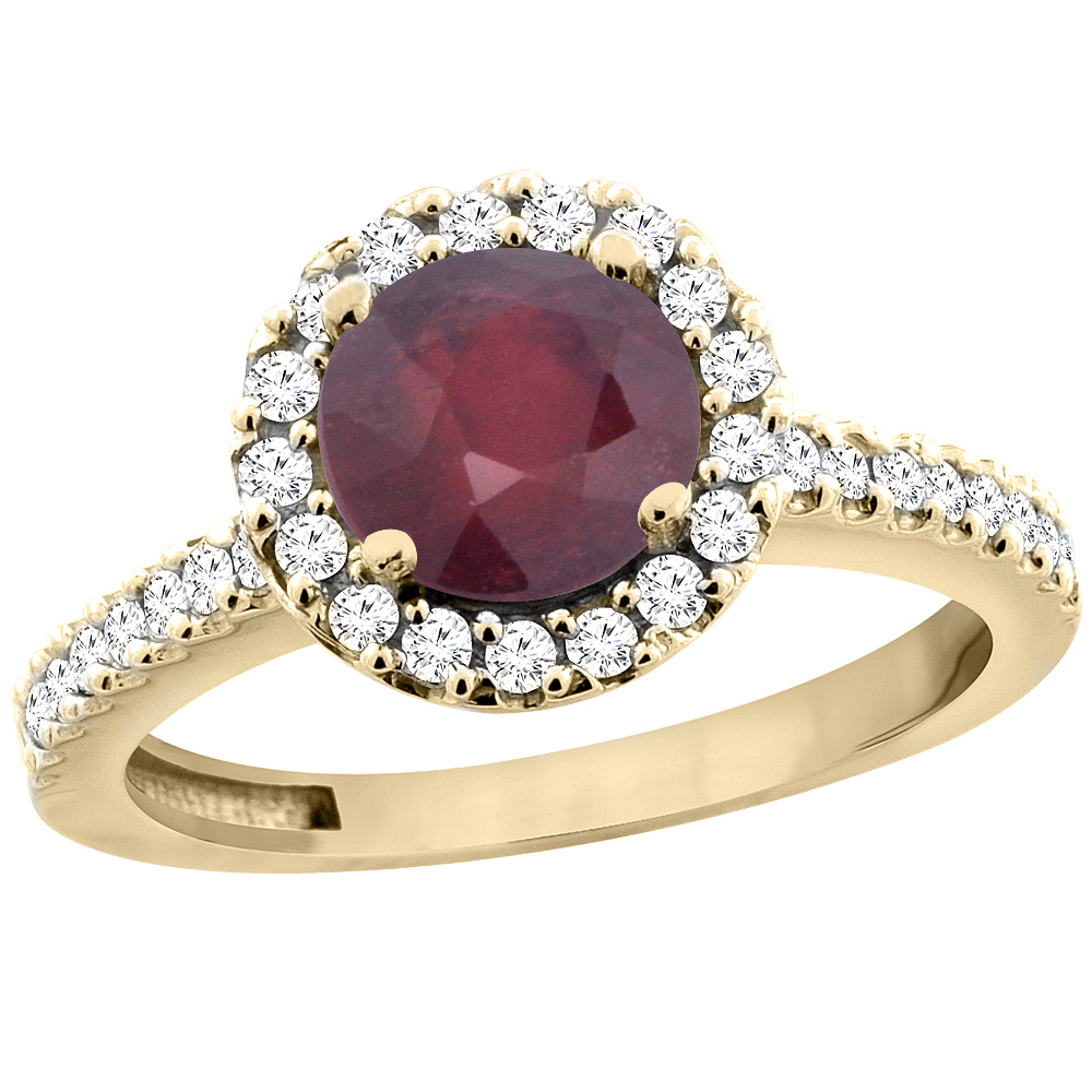 10K Yellow Gold Enhanced Ruby Ring Round 6mm Floating Halo Diamond, sizes 5 - 10