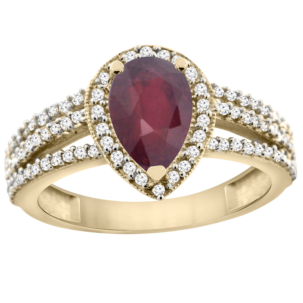 10K Yellow Gold Enhanced Ruby Ring 9x7 Pear Halo Diamond, sizes 5 - 10