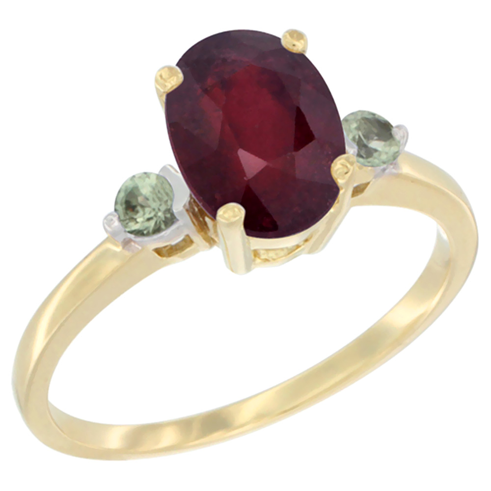 10K Yellow Gold Enhanced Ruby Ring Oval 9x7 mm Green Sapphire Accent, sizes 5 to 10