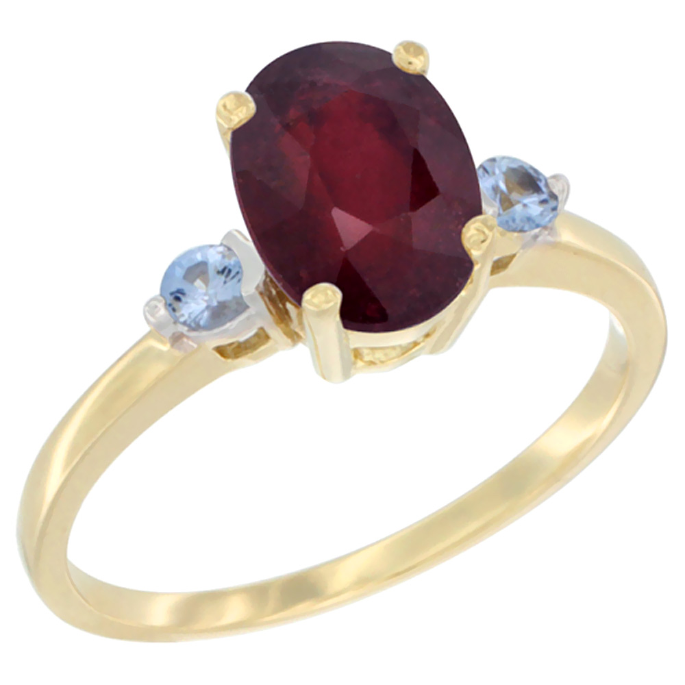 10K Yellow Gold Enhanced Ruby Ring Oval 9x7 mm Light Blue Sapphire Accent, sizes 5 to 10