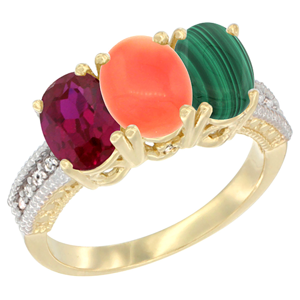 10K Yellow Gold Diamond Enhanced Ruby, Natural Coral &amp; Malachite Ring 3-Stone 7x5 mm Oval, sizes 5 - 10