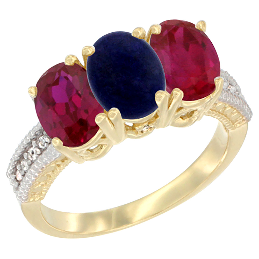 10K Yellow Gold Diamond Natural Lapis & Enhanced Ruby Ring 3-Stone 7x5 mm Oval, sizes 5 - 10