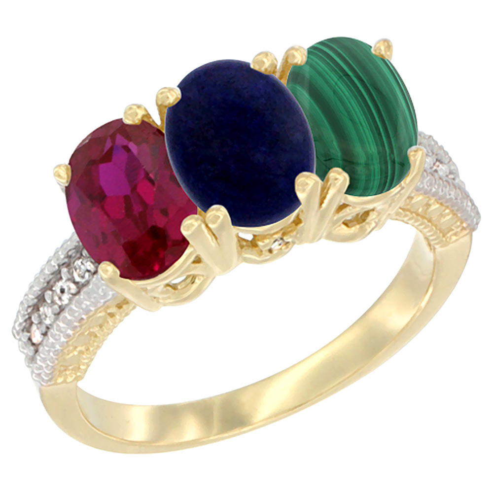 10K Yellow Gold Diamond Enhanced Ruby, Natural Lapis & Malachite Ring 3-Stone 7x5 mm Oval, sizes 5 - 10