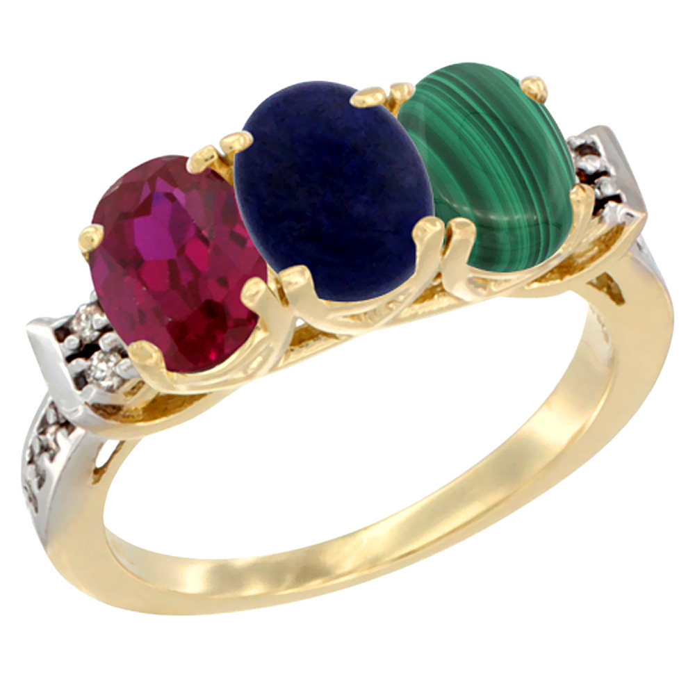 14K Yellow Gold Enhanced Ruby, Natural Lapis &amp; Malachite Ring 3-Stone Oval 7x5 mm Diamond Accent, sizes 5 - 10