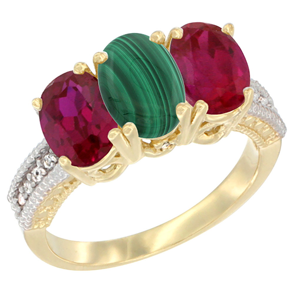 10K Yellow Gold Diamond Natural Malachite & Enhanced Ruby Ring 3-Stone 7x5 mm Oval, sizes 5 - 10