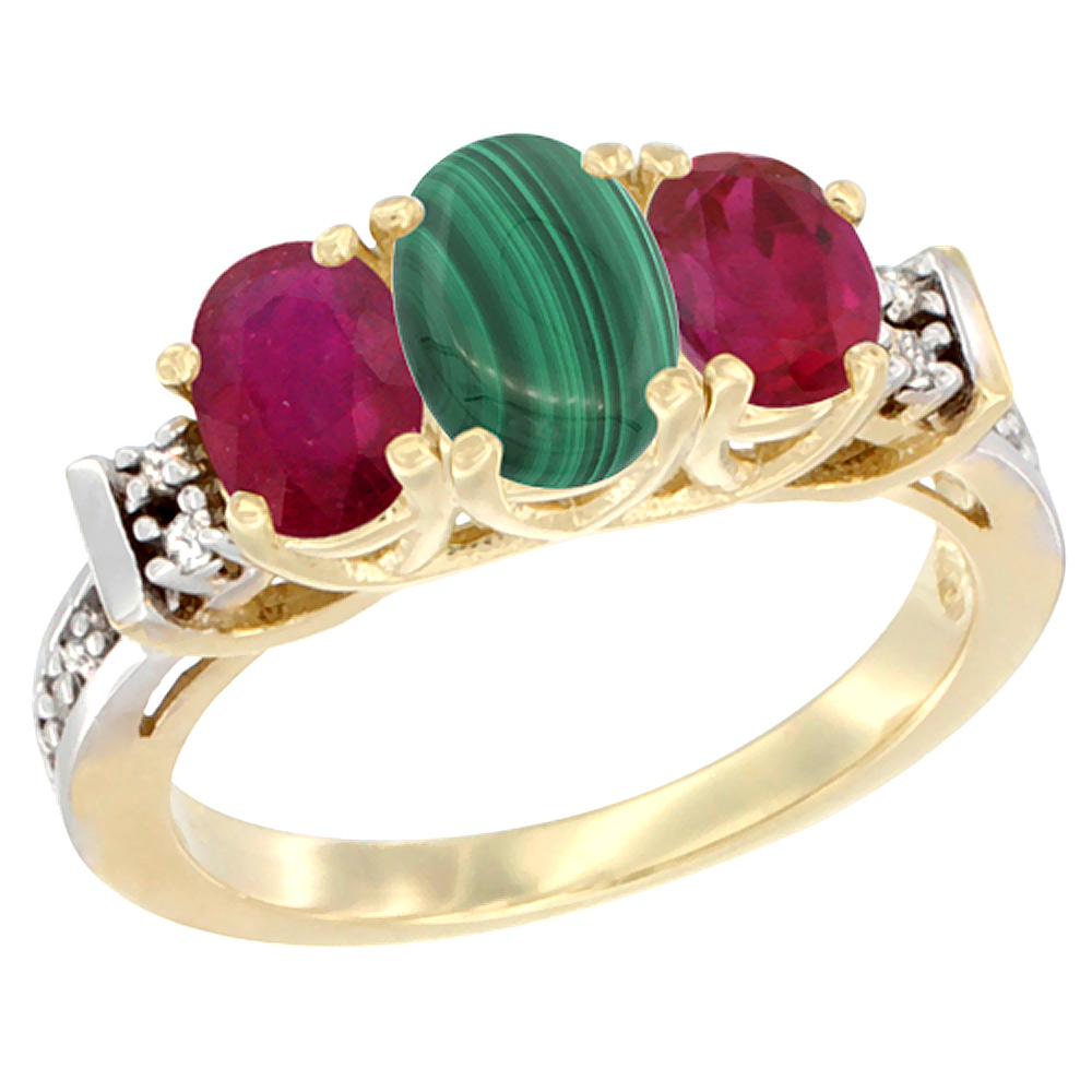 10K Yellow Gold Natural Malachite &amp; Enhanced Ruby Ring 3-Stone Oval Diamond Accent