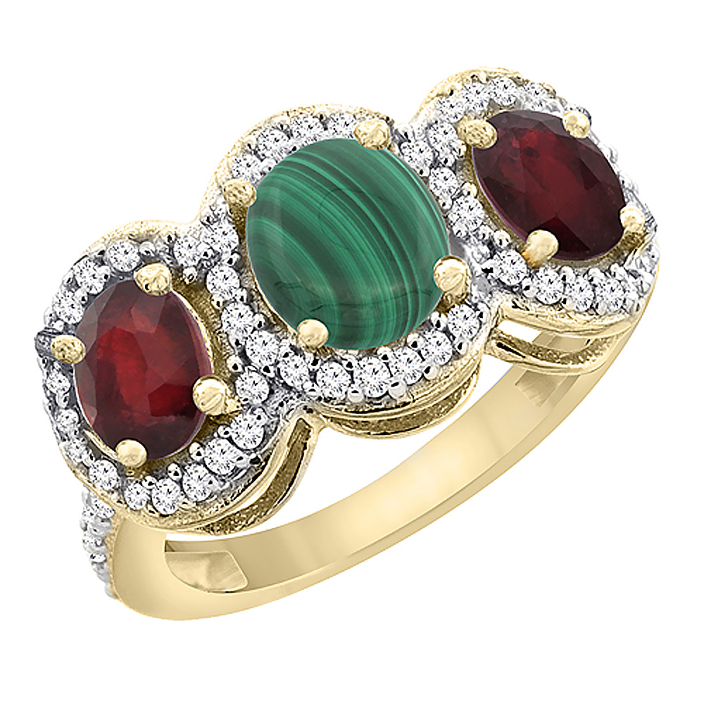 14K Yellow Gold Natural Malachite & Enhanced Ruby 3-Stone Ring Oval Diamond Accent, sizes 5 - 10