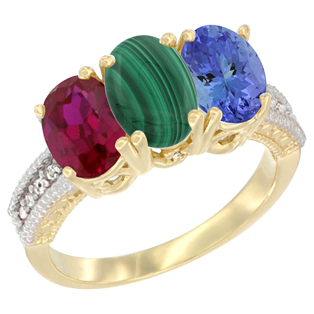 14K Yellow Gold Enhanced Ruby, Natural Malachite &amp; Tanzanite Ring 3-Stone 7x5 mm Oval Diamond Accent, sizes 5 - 10