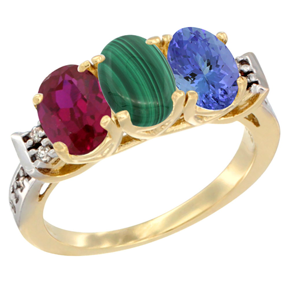 14K Yellow Gold Enhanced Ruby, Natural Malachite &amp; Tanzanite Ring 3-Stone Oval 7x5 mm Diamond Accent, sizes 5 - 10