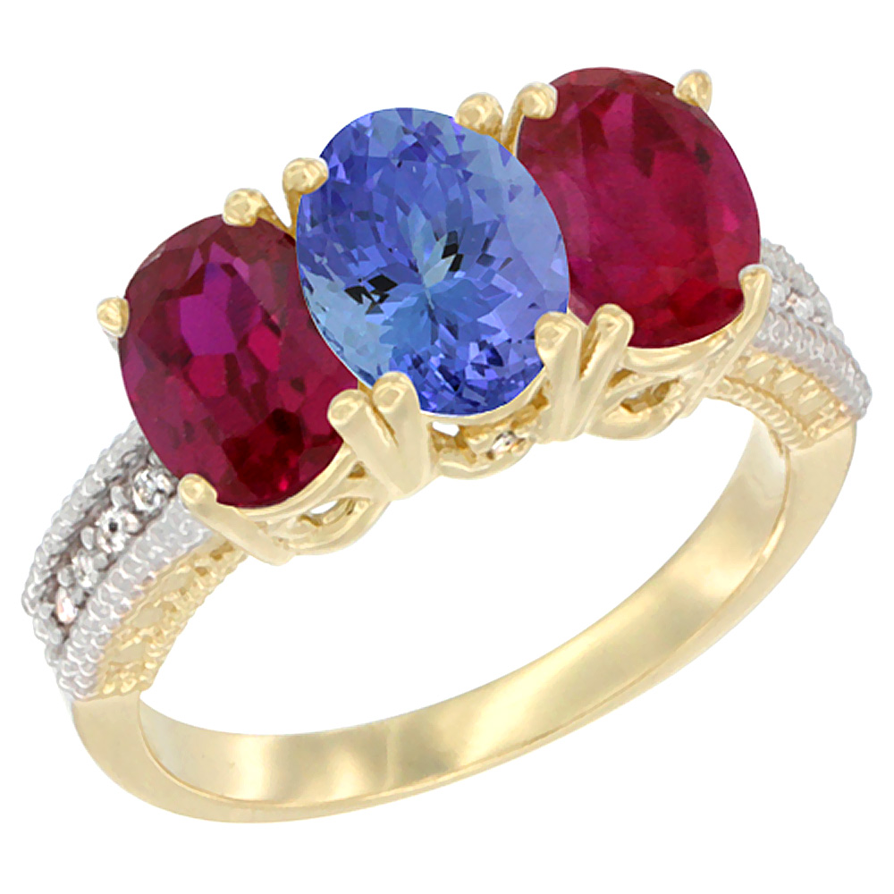 10K Yellow Gold Diamond Natural Tanzanite &amp; Enhanced Ruby Ring 3-Stone 7x5 mm Oval, sizes 5 - 10