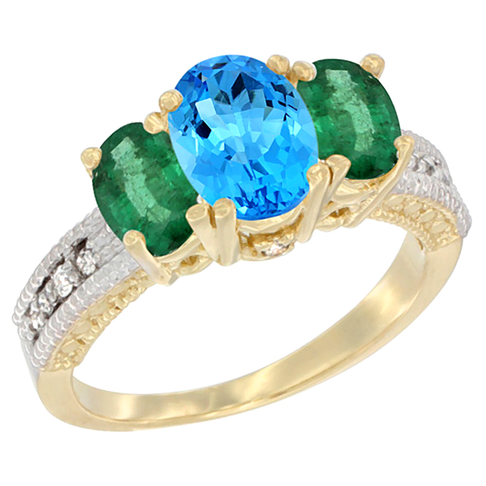 10K Yellow Gold Diamond Natural Swiss Blue Topaz Ring Oval 3-stone with Emerald, sizes 5 - 10