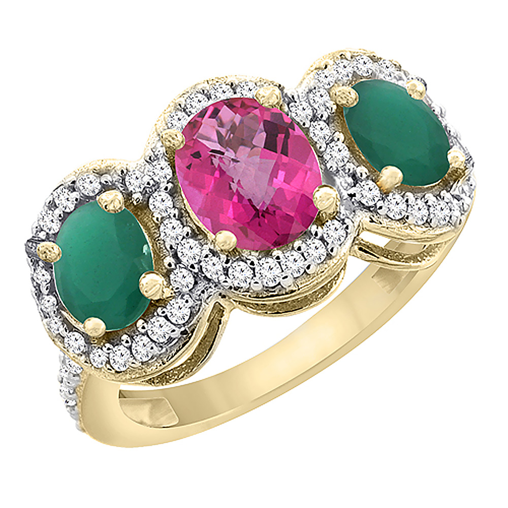 14K Yellow Gold Natural Pink Topaz &amp; Emerald 3-Stone Ring Oval Diamond Accent, sizes 5 - 10