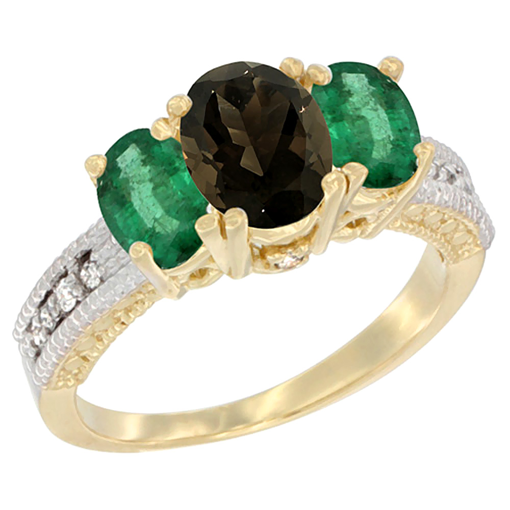 14K Yellow Gold Diamond Natural Smoky Topaz 7x5mm & 6x4mm Quality Emerald Oval 3-stone MothersRing,sz5-10