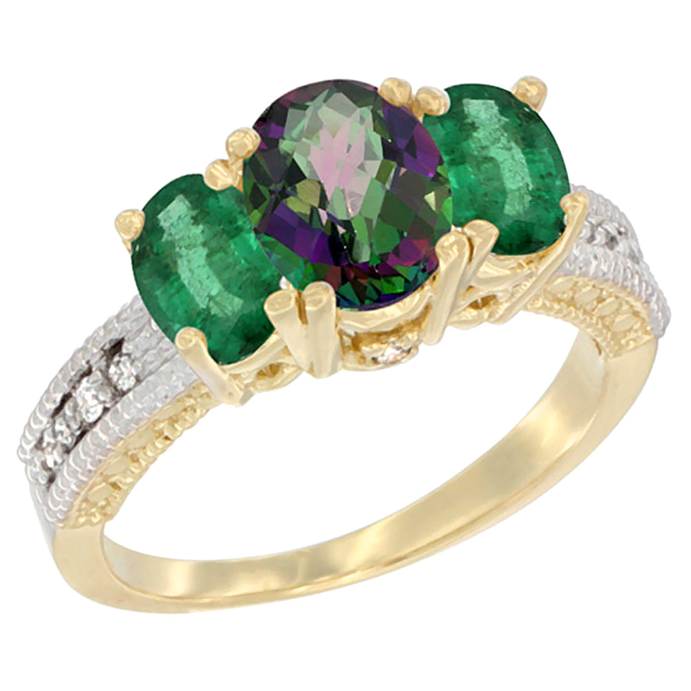 14K Yellow Gold Diamond Natural Mystic Topaz 7x5mm &6x4mm Quality Emerald Oval 3-stone MothersRing,sz5-10