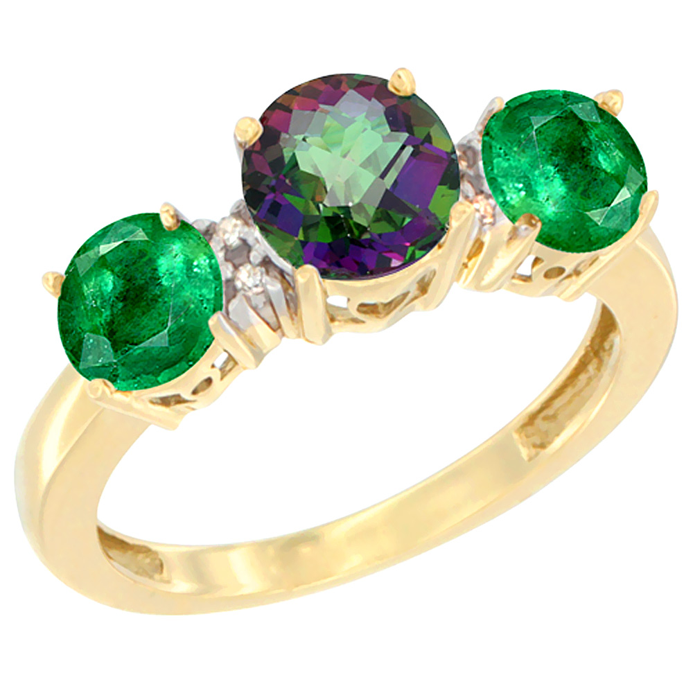 10K Yellow Gold Round 3-Stone Natural Mystic Topaz Ring & Emerald Sides Diamond Accent, sizes 5 - 10