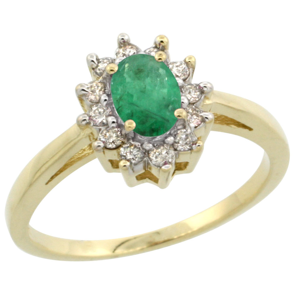 14K Yellow Gold Natural Emerald Flower Diamond Halo Ring Oval 6x4 mm, sizes 5 10