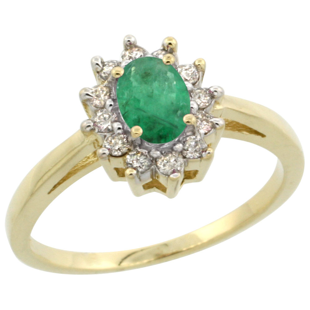 10K Yellow Gold Diamond Flower Halo Natural Quality Emerald Engagement Ring Oval 6x4 mm, size 5 10