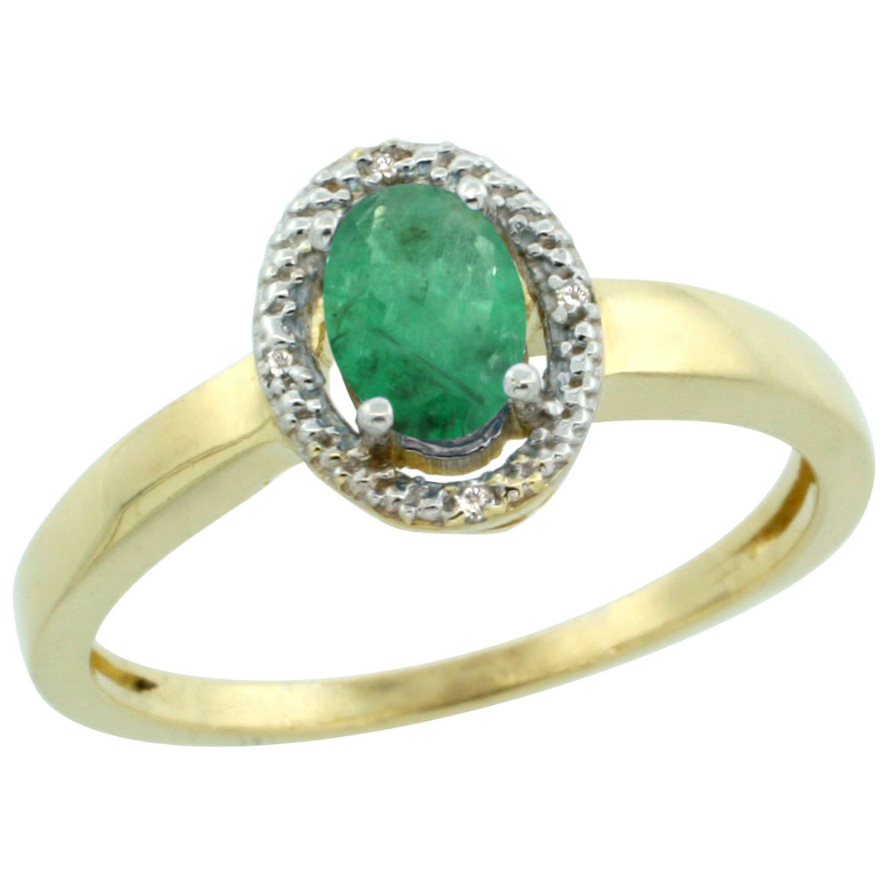 14K Yellow Gold Diamond Halo Natural Emerald Engagement Ring Oval 6X4 mm, sizes 5-10