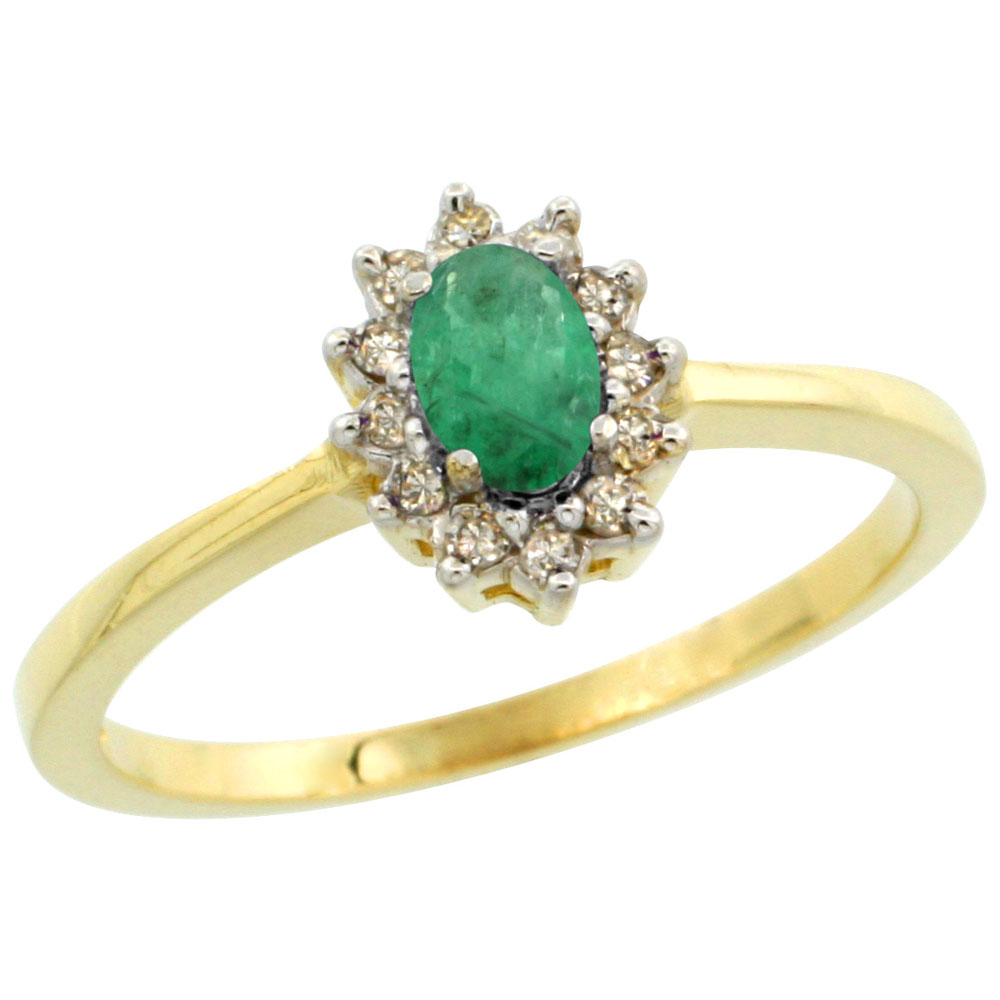 14K Yellow Gold Natural Cabochon Emerald Ring Oval 5x3mm Diamond Halo, sizes 5-10