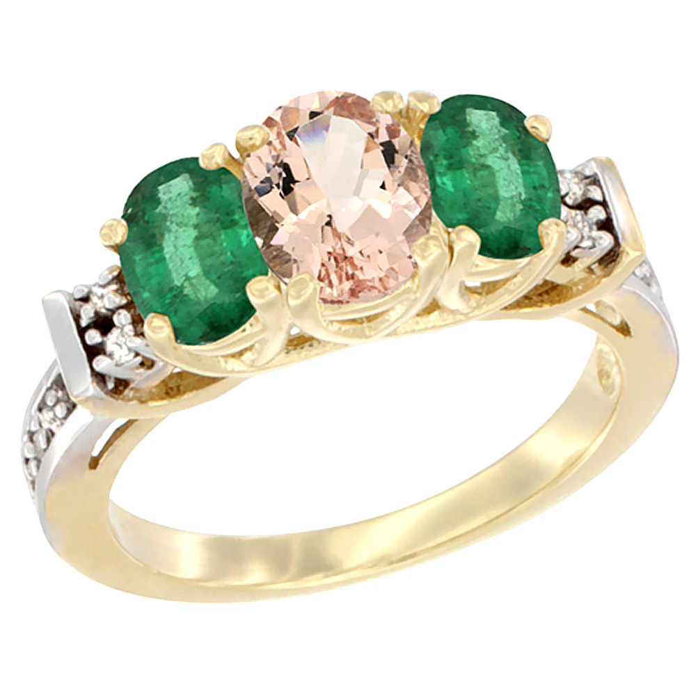 14K Yellow Gold Natural Morganite &amp; Emerald Ring 3-Stone Oval Diamond Accent