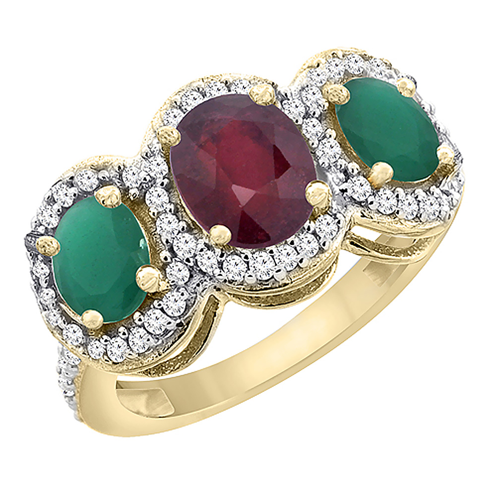 10K Yellow Gold Natural Quality Ruby & Emerald 3-stone Mothers Ring Oval Diamond Accent, size 5 - 10