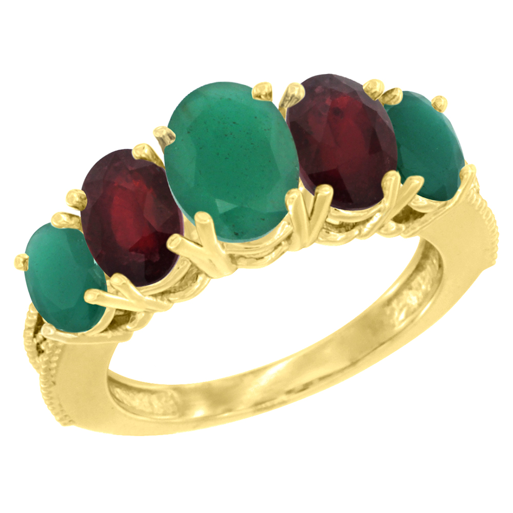 10K Yellow Gold Diamond Natural Emerald,Enhanced Genuine Ruby Ring 5-stone Oval 8x6 Ctr,7x5,6x4 sides, szs5-10