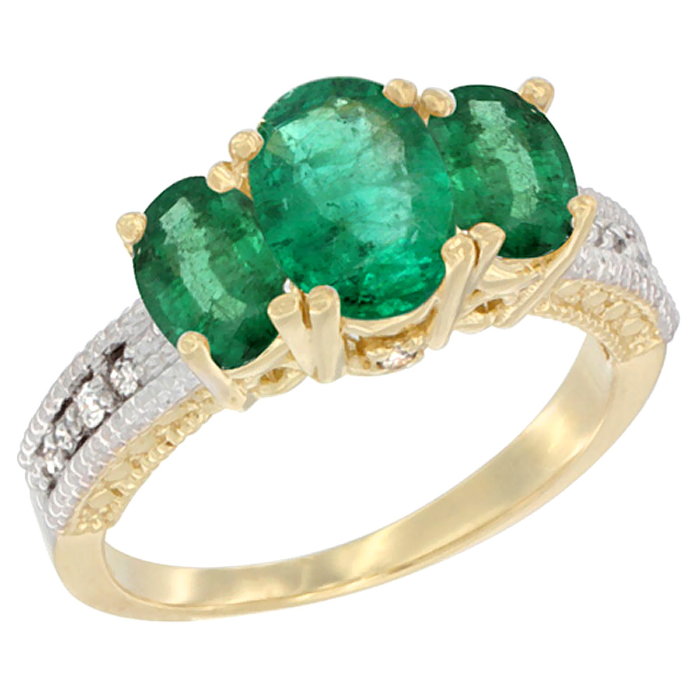 14K Yellow Gold Diamond Natural Quality Emerald 7x5mm & 6x4mm Oval 3-stone Mothers Ring,size 5 - 10
