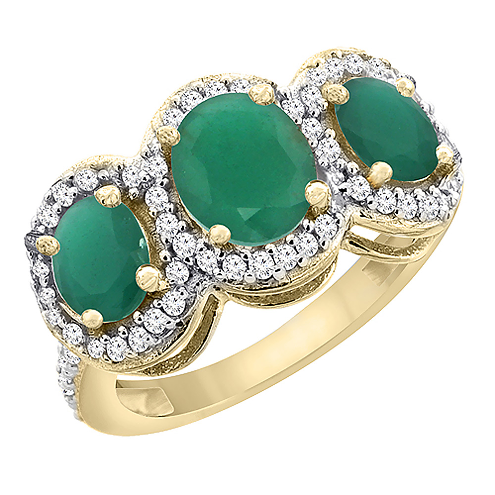 10K Yellow Gold Natural Emerald &amp; Cabochon Emerald 3-Stone Ring Oval Diamond Accent, sizes 5 - 10