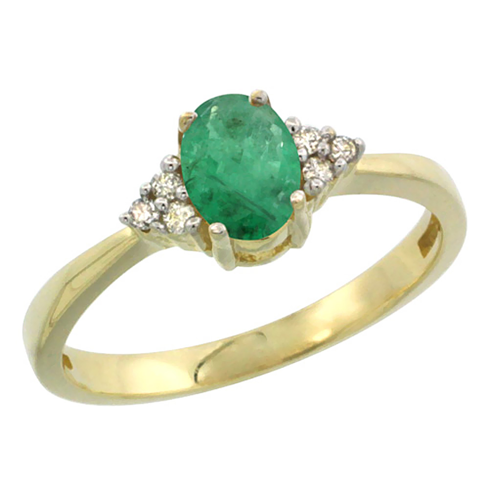 14K Yellow Gold Natural Emerald Ring Oval 6x4mm Diamond Accent, sizes 5-10