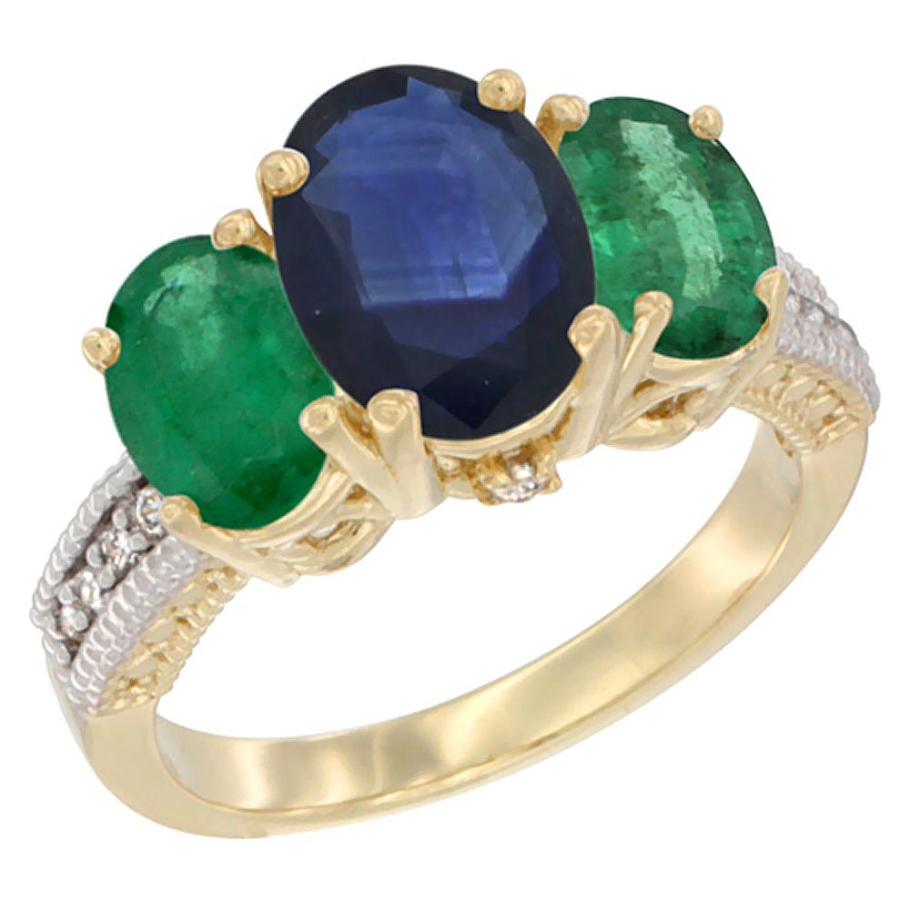 14K Yellow Gold Diamond Natural Blue Sapphire Ring 3-Stone Oval 8x6mm with Emerald, sizes5-10