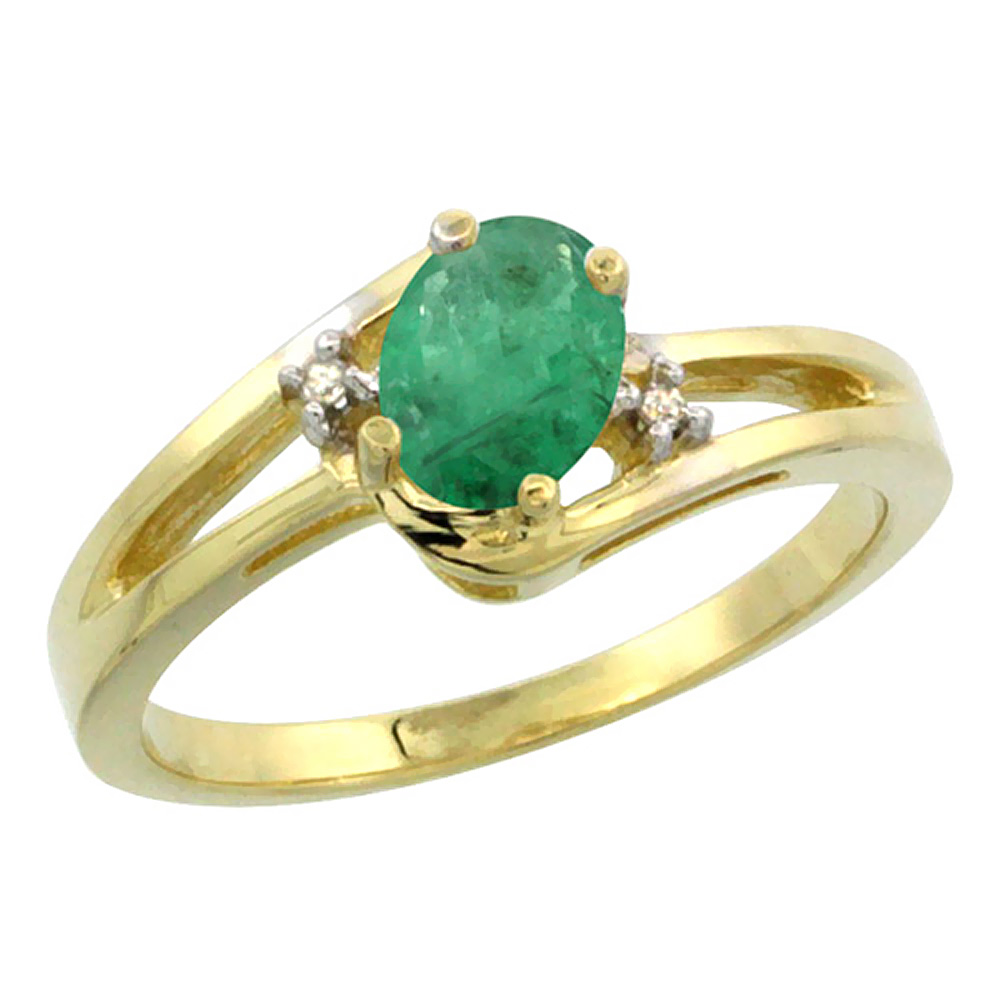 10K Yellow Gold Diamond Natural Quality Emerald Engagement Ring Oval 6x4 mm, size 5-10