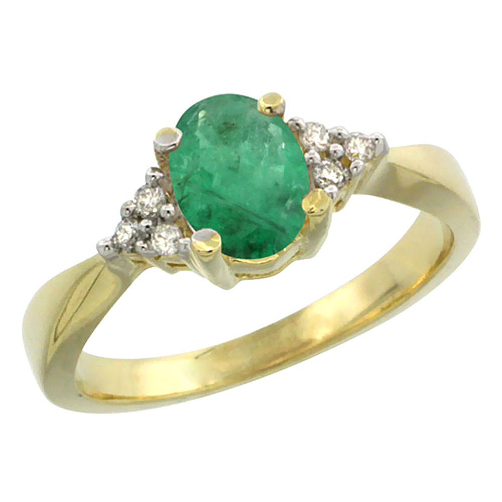 10K Yellow Gold Diamond Natural Emerald Engagement Ring Oval 7x5mm, sizes 5-10