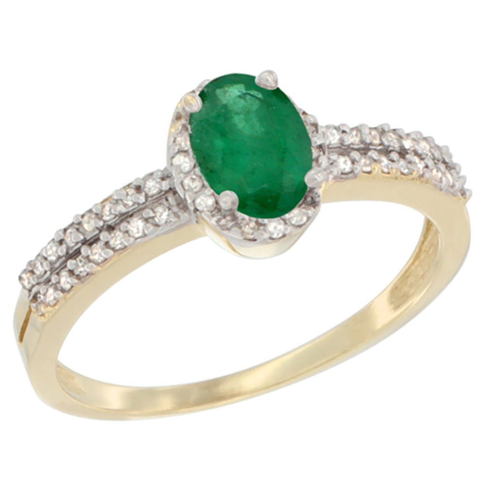 14K Yellow Gold Natural Cabochon Emerald Ring Oval 6x4mm Diamond Accent, sizes 5-10