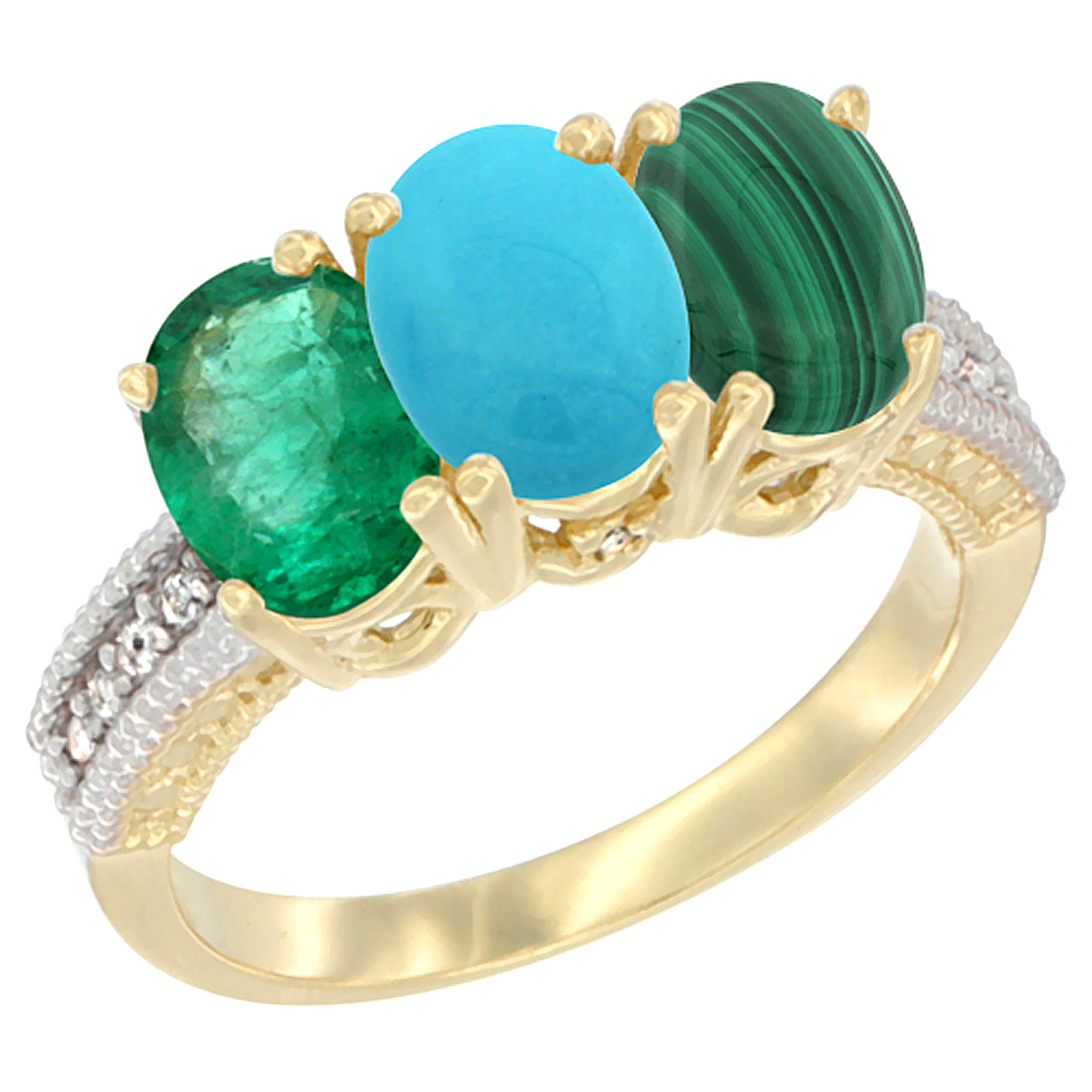 10K Yellow Gold Diamond Natural Emerald, Turquoise &amp; Malachite Ring 3-Stone 7x5 mm Oval, sizes 5 - 10