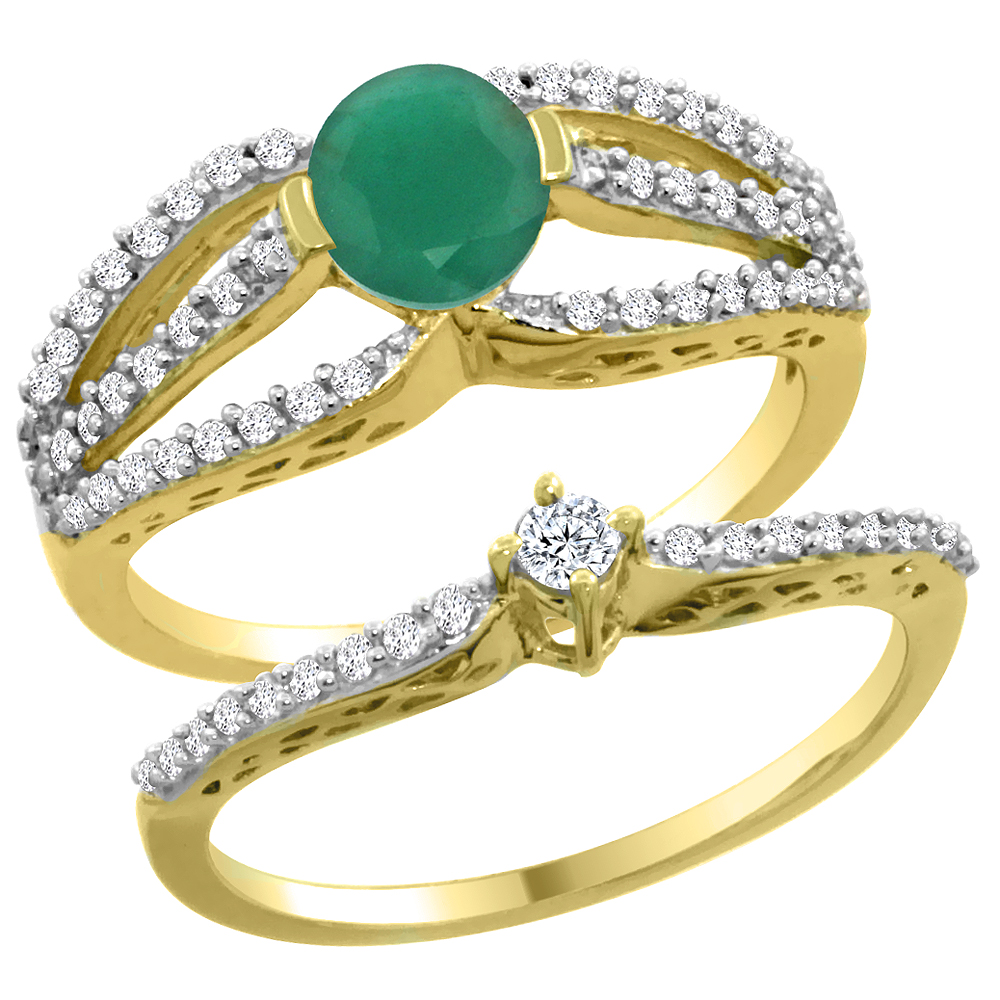 14K Yellow Gold Natural Emerald 2-piece Engagement Ring Set Round 5mm, sizes 5 - 10
