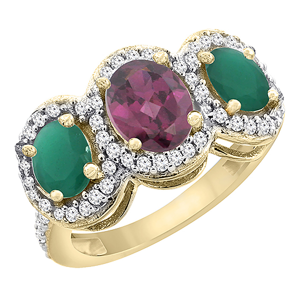 10K Yellow Gold Natural Rhodolite & Emerald 3-Stone Ring Oval Diamond Accent, sizes 5 - 10