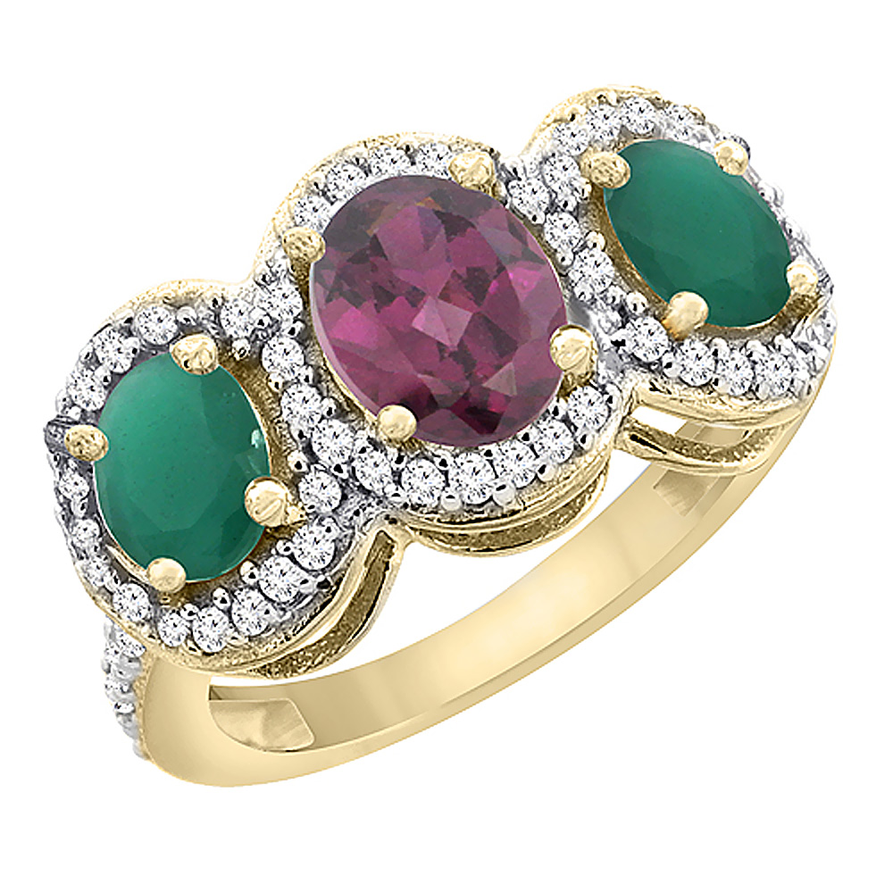 10K Yellow Gold Natural Rhodolite &amp; Cabochon Emerald 3-Stone Ring Oval Diamond Accent, sizes 5 - 10