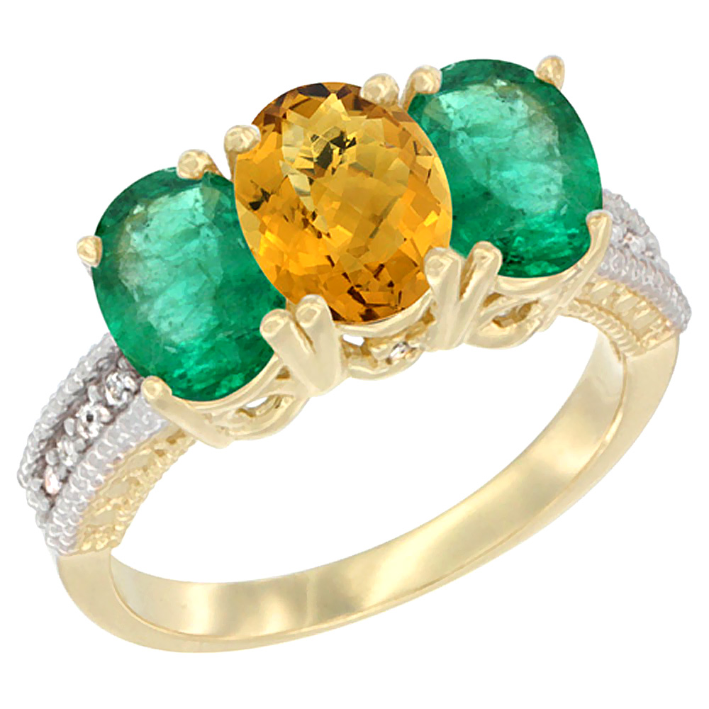 10K Yellow Gold Diamond Natural Whisky Quartz & Emerald Ring 3-Stone 7x5 mm Oval, sizes 5 - 10