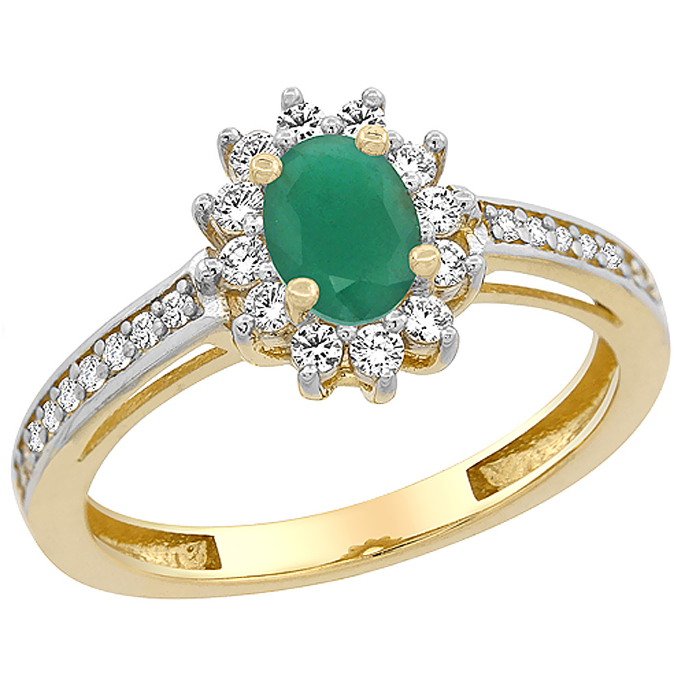 10K Yellow Gold Natural Emerald Flower Halo Ring Oval 6x4 mm Diamond Accents, sizes 5 - 10