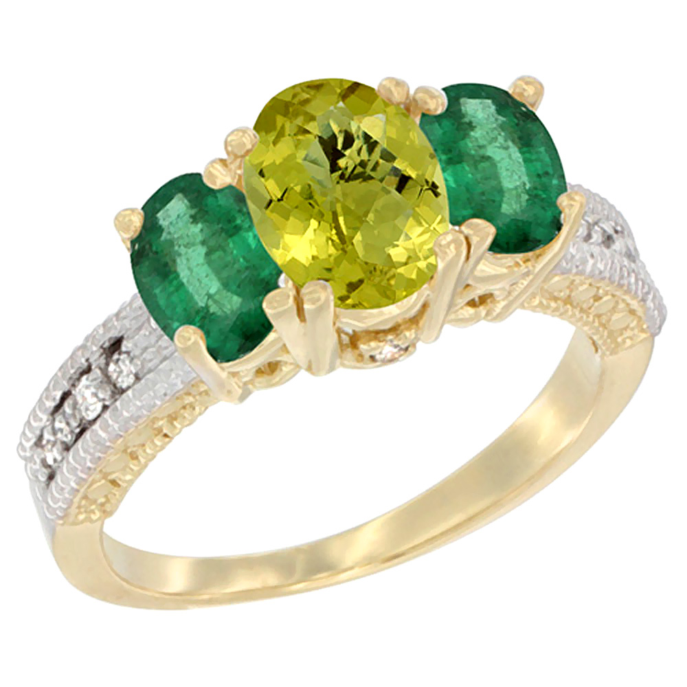 10K Yellow Gold Diamond Natural Lemon Quartz 7x5mm &amp; 6x4mm Quality Emerald Oval 3-stone Ring,size 5 - 10