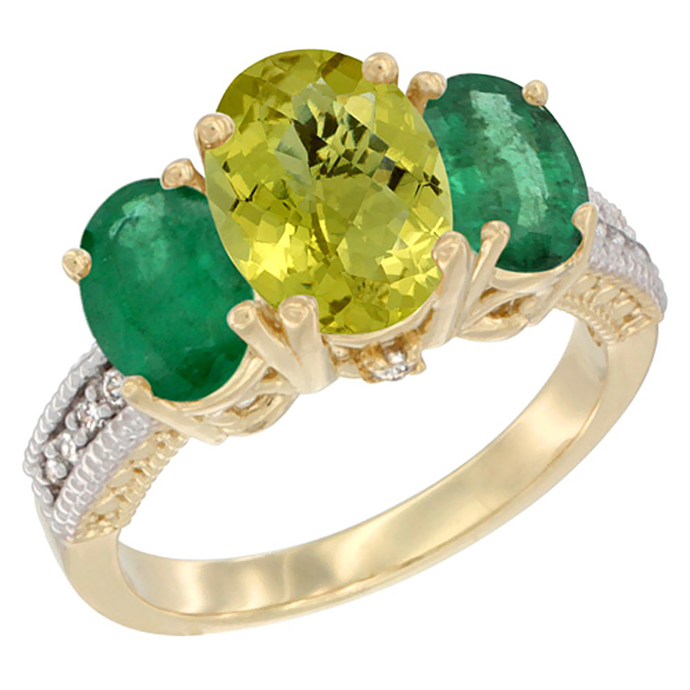10K Yellow Gold Diamond Natural Lemon Quartz Ring 3-Stone Oval 8x6mm with Emerald, sizes5-10