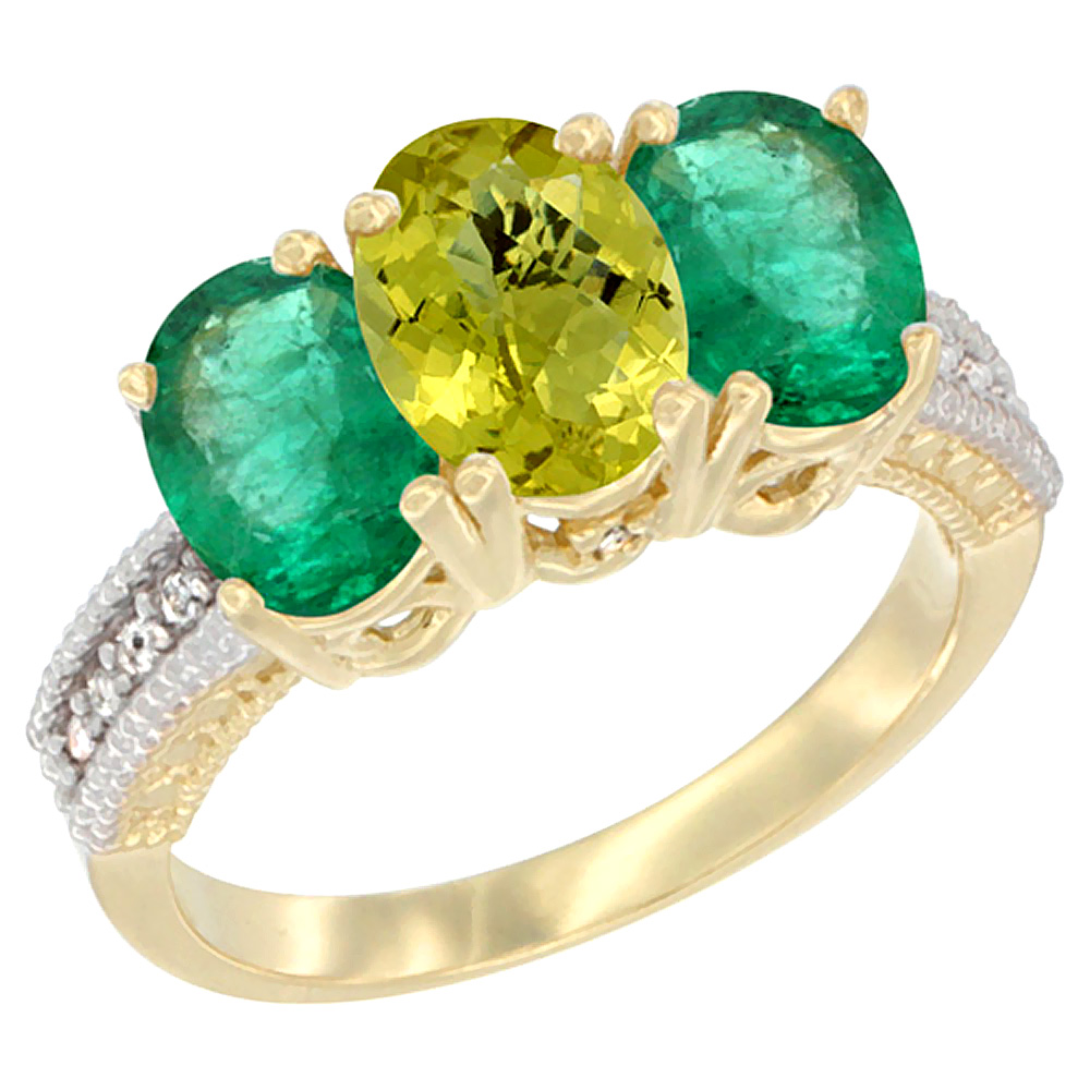 14K Yellow Gold Natural Lemon Quartz & Emerald Sides Ring 3-Stone 7x5 mm Oval Diamond Accent, sizes 5 - 10