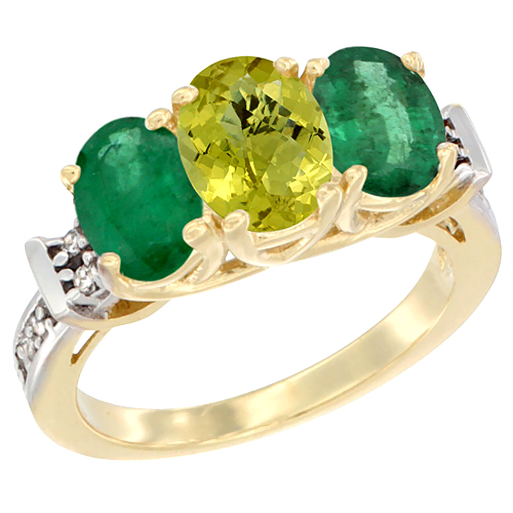 10K Yellow Gold Natural Lemon Quartz & Emerald Sides Ring 3-Stone Oval Diamond Accent, sizes 5 - 10