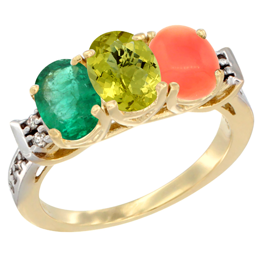 10K Yellow Gold Natural Emerald, Lemon Quartz & Coral Ring 3-Stone Oval 7x5 mm Diamond Accent, sizes 5 - 10